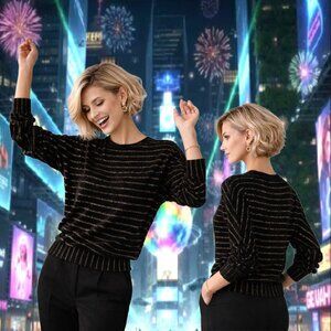 WEAR & FLAIR Refined Black Gold Stripes Dolman Sleeves Blouson Pullover Sz XS